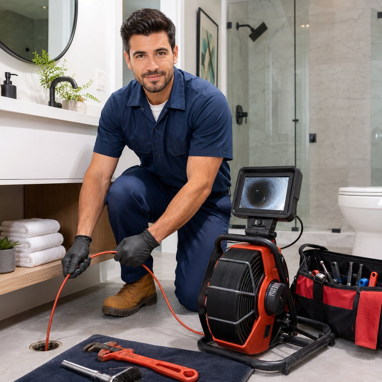 Kamerainspektion im Einsatz – Techniker mit Rohrkamera bei der Diagnose